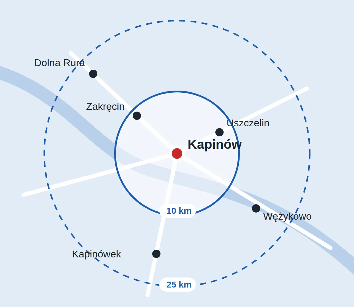 Mapka okolicy: Kapinów w środku; w promieniu 10 km Zakręcin i Uszczelin, w promieniu 25 km Wężykowo, Kapinówek i Dolna Rura.